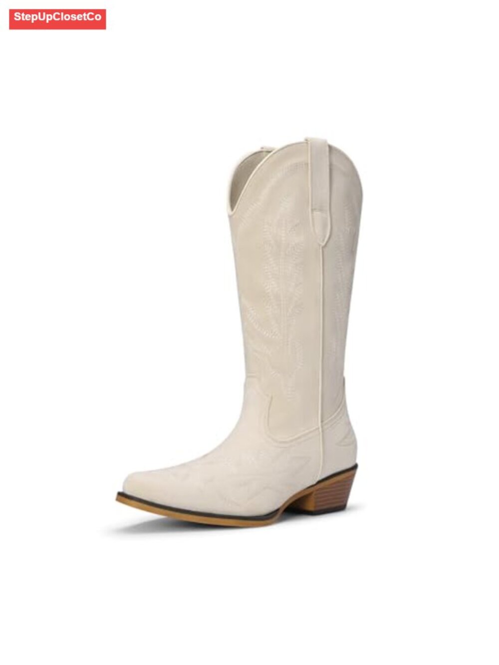 Faux Suede Western Cowboy Boots Mid Calf Block Heel Embroidered